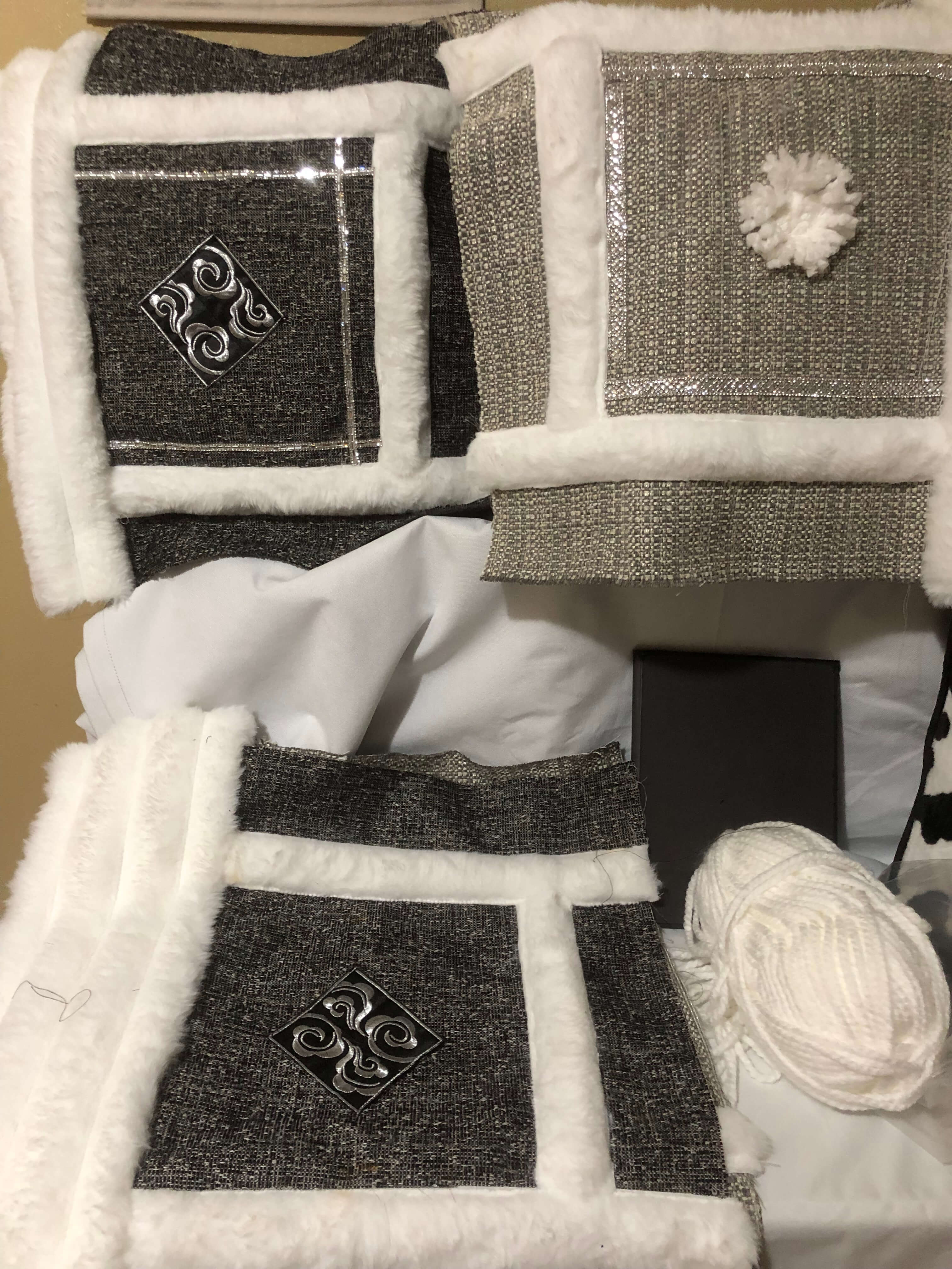 Handmade pillow cover inspiration group with charcoal, silver, faux-fur, and rhinestone textile details