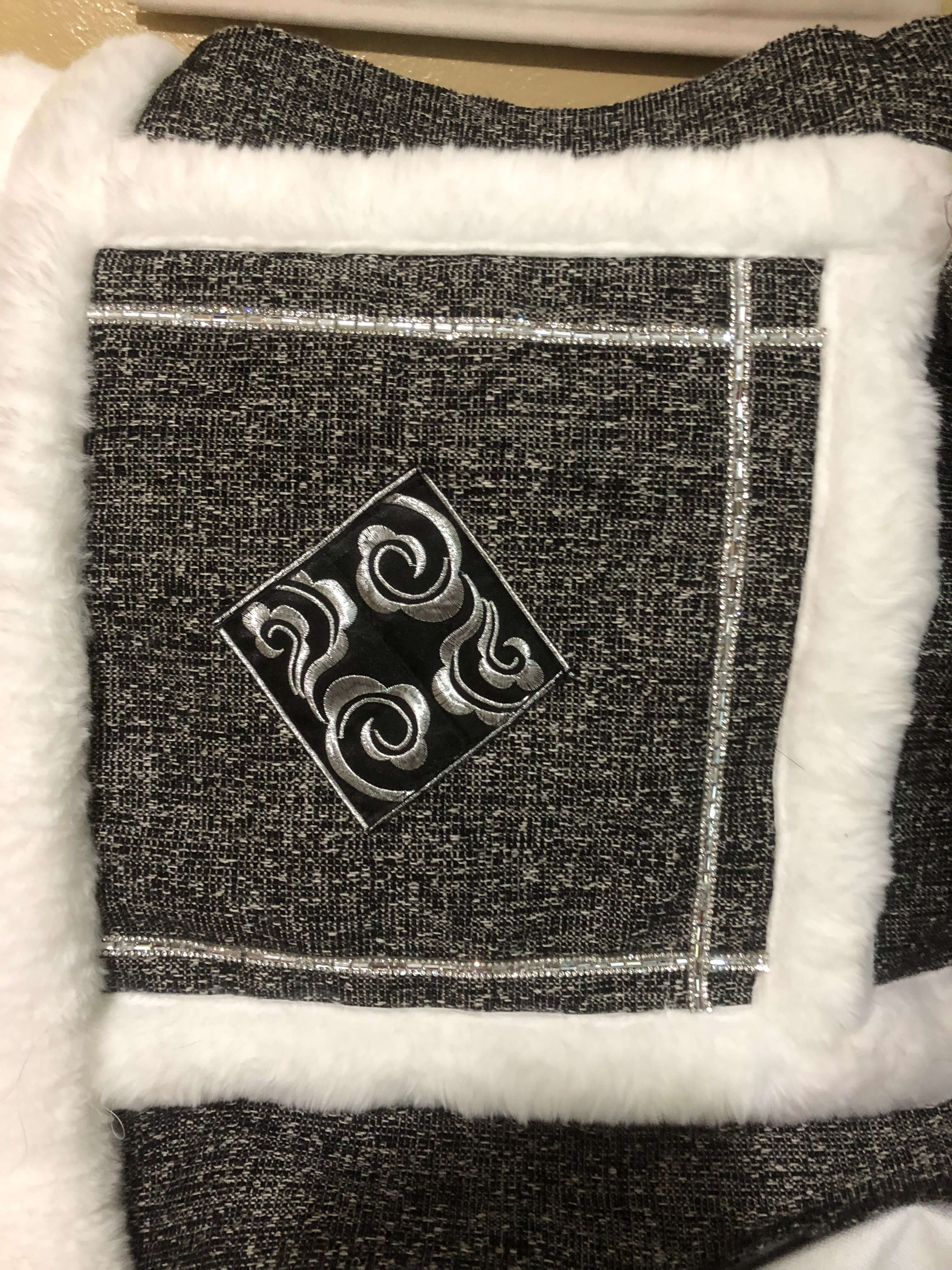 Charcoal handmade decorative pillow cover with ivory faux-fur trim and rhinestone box detailing